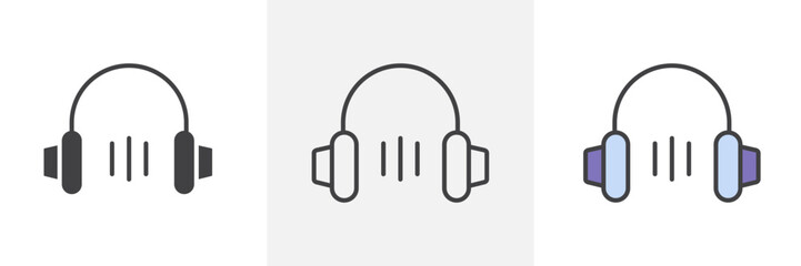 Headphones icon collection in black and colored style.