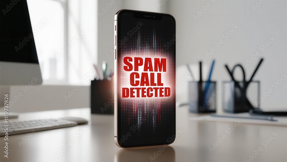 Poster a smartphone displays a notification indicating a spam call has been detected, set against a simple 