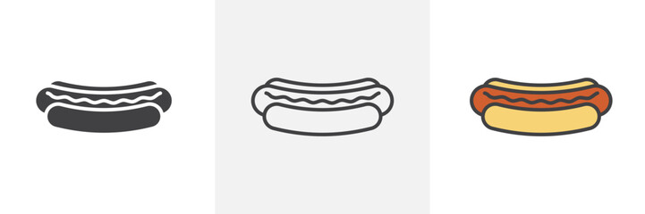 Hot dog icon collection in black and colored style.