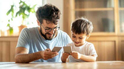 Fototapeta premium Father and son playing games smartphones at home casual indoor family bonding moment