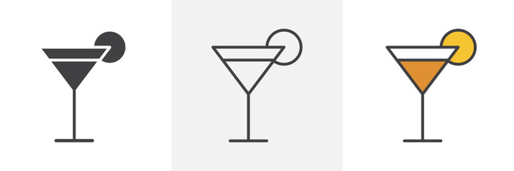 Martini glass icon collection in black and colored style.