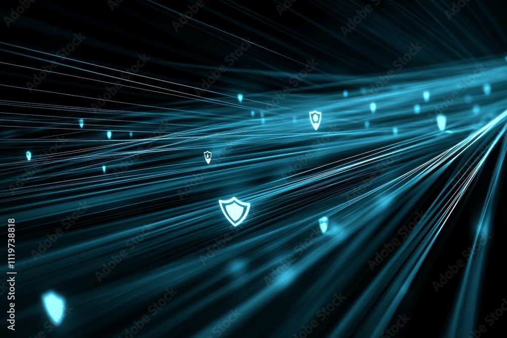 Poster dynamic digital illustration of cybersecurity concept with shining shields and glowing lines represe