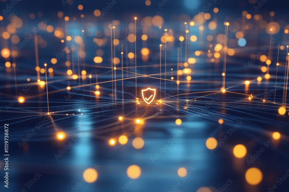 Aufkleber futuristic digital network with glowing particles and shield icon representing cybersecurity and dat
