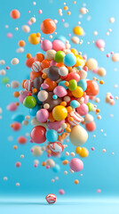 Colorful snack explosion sweet treat display studio setting digital art vibrant environment eye-level perspective fun concept