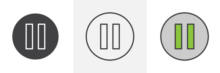 Pause button icon collection in black and colored style.