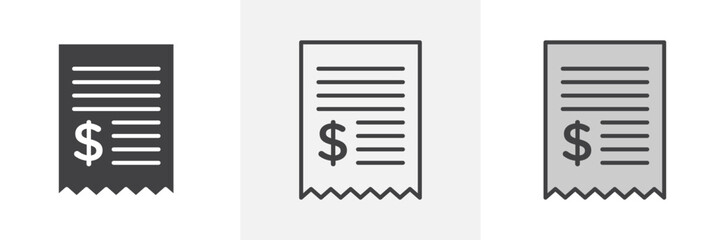 Payment receipt icon collection in black and colored style.