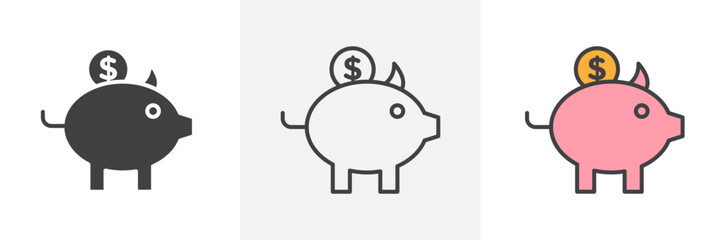 Piggy bank icon collection in black and colored style.