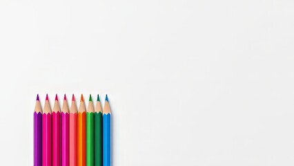 Fototapeta premium Colorful pencils arranged, white backdrop, ample room for text.