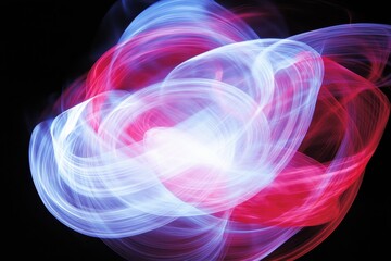Abstract Swirling Light Trails in Red, Blue, and White Creating a Dynamic Colorful Explosion Against a Dark Background