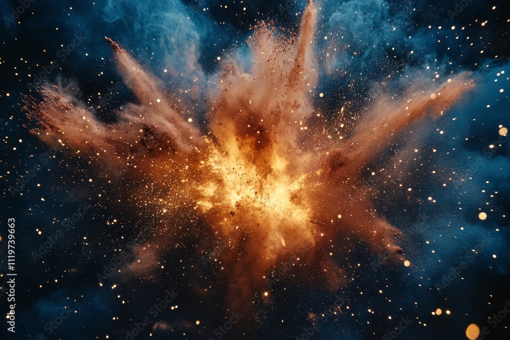 Poster vibrant and dynamic explosion in space captured against a dark background with colorful smoke and pa