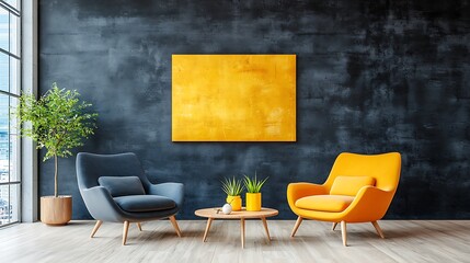 The modern house interior features a loft style design with a striking black concrete wall as a focal point