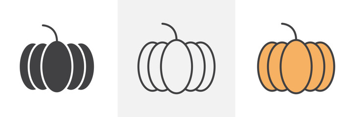Pumpkin icon collection in black and colored style.