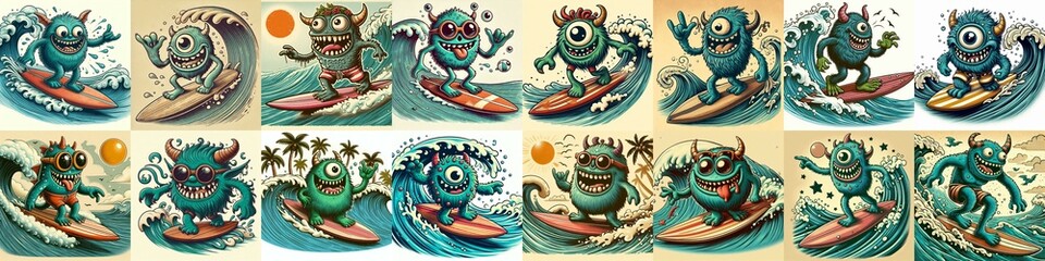 Cartoon style monster surfer. AI generated illustration