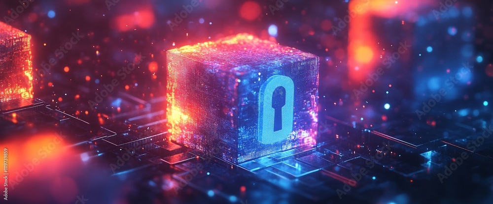 Poster glowing cube with keyhole, digital security concept.