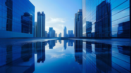 Modern skyscrapers reflecting on calm water,
Futuristic cityscape with tall skyscrapers mirrored in a serene water surface, highlighting urban architecture and modern design.

