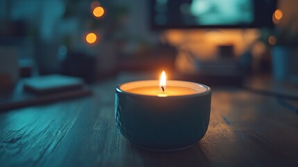 A teal candle burns brightly on a wooden table, casting a warm glow. The background is out of focus, but warm, blurry lights and a computer screen are visible.