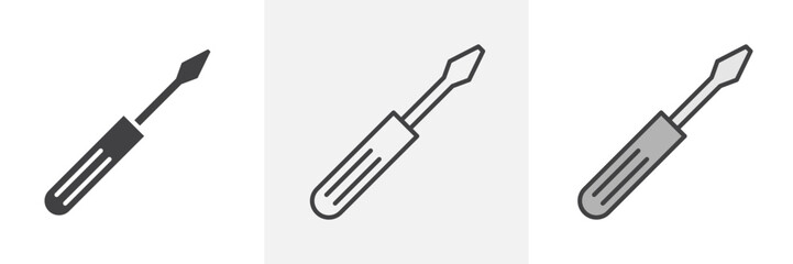 Screwdriver icon collection in black and colored style.