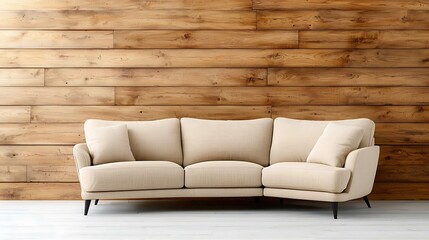Fototapeta premium The beige corner sofa is elegantly placed against the rich wooden paneling wall, creating a seamless blend of warm textures in this minimalist modern living room