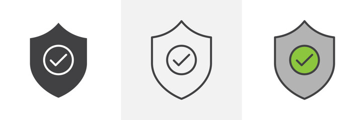 Shield check mark icon collection in black and colored style.