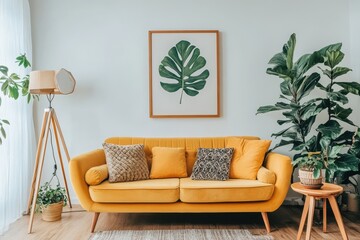 Bright yellow modern sofa botanical wall art fiddle leaf fig plant