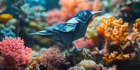 Creative origami bird perched amongst vibrant coral in an enchanting underwater world