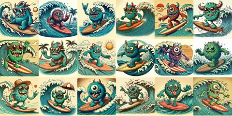 Cartoon style monster surfer. AI generated illustration