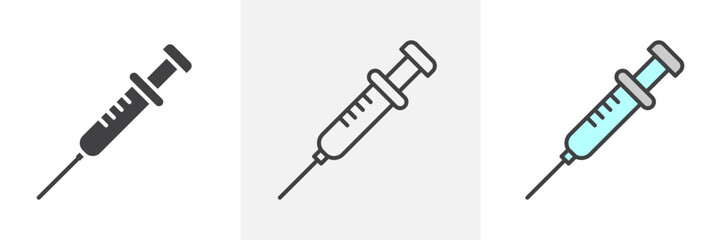 Syringe injection icon collection in black and colored style.