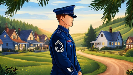 American military Day, one military force man standing against village houses, Generative Ai