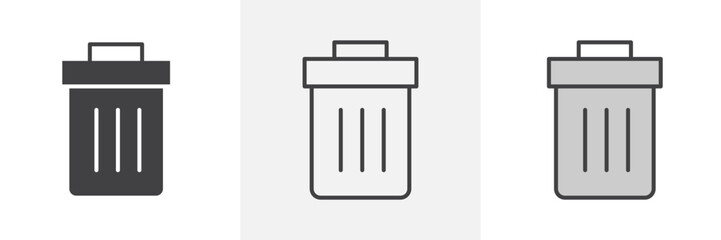 Trash icon collection in black and colored style.