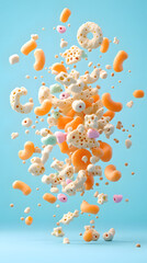 Colorful snack explosion whimsical treats in a light blue setting dynamic visual display of fun edibles