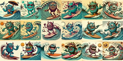 Fototapeta premium Cartoon style monster surfer. AI generated illustration