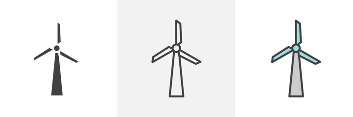 Wind turbine icon collection in black and colored style.