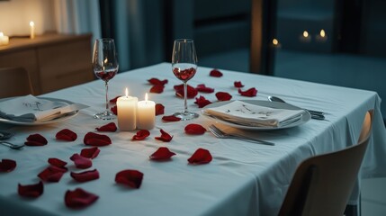 A romantic dinner with candles and wine glasses on a table