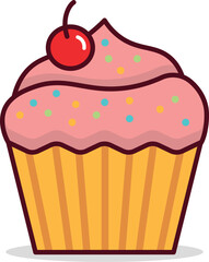 Delicious Pink Cupcake with Sprinkles and Cherry Topping. Vector illustration, Isolated on the artboard