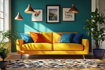 Colorful modern living room vibrant yellow velvet sofa
