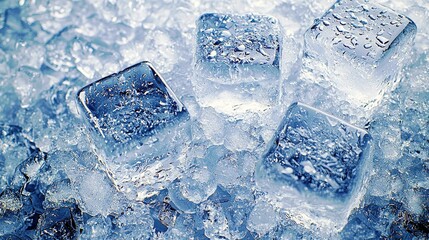 Obraz premium Ice Cubes with Water Droplets on a Blue Background for Refreshing Beverage and Cooling Concept