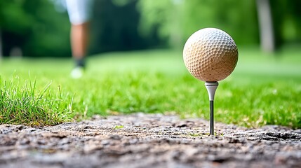 The spherical object made of resilient material is positioned atop a slender stand, poised for impact by a club wielded by the golfer.