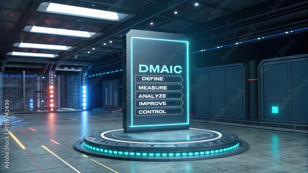 Poster lean six sigma and dmaic concept. futuristic display of dmaic process in a tech environment.