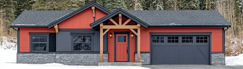 Fototapeta premium Contemporary red and gray residential home with stone accents in winter scenery surrounded by evergreen trees