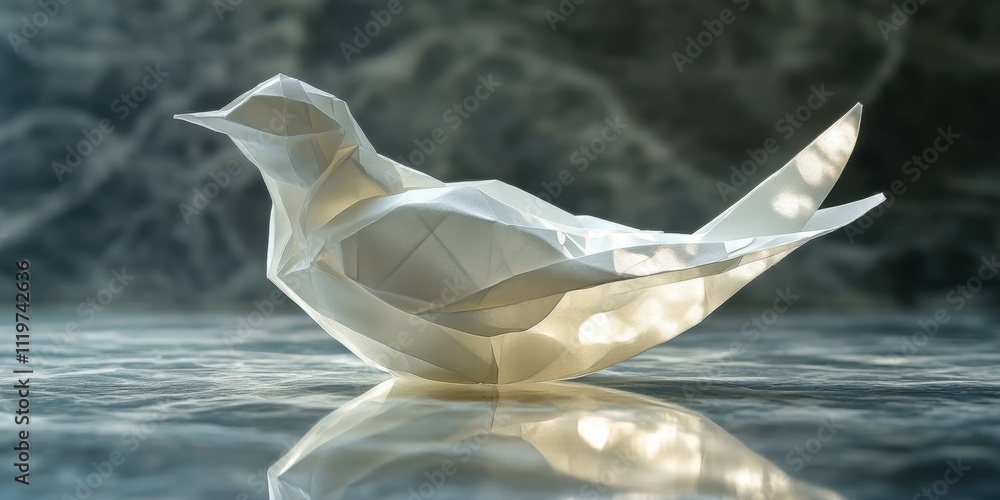 Poster origami bird gracefully resting on a gleaming surface while reflecting soft light in a tranquil sett