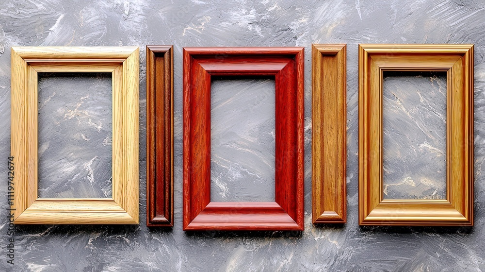 Poster variety of empty photo frames in different colors and designs displayed on a textured background