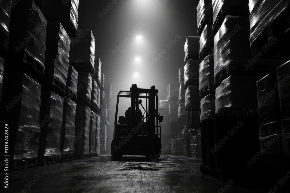 Poster dramatic lighting in warehouse: forklift operator navigating pallet stacks in a dark industrial sett