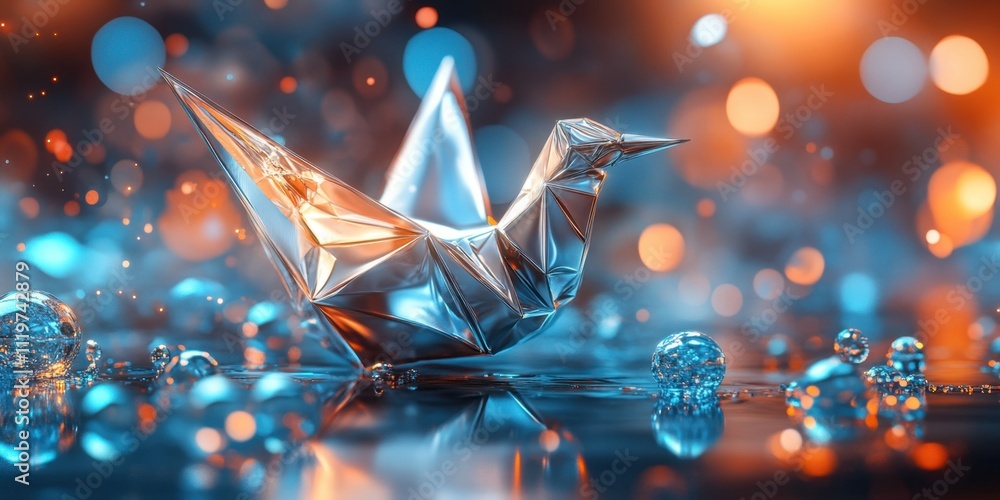 Poster delicate origami bird glimmers under vibrant lights with enchanting reflections in a tranquil settin