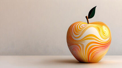 Abstract Swirled Apple on Minimal Background,
A vibrant apple with swirling orange and yellow patterns, placed on a minimalist beige surface against a textured backdrop.

