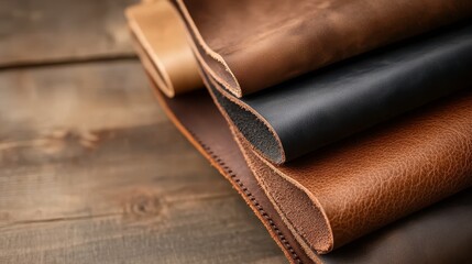 Assorted Leather Fabrics on Wooden Background