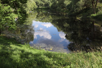 A pond with a lot of trees surrounding it. The water is calm and clear. The sky is cloudy and the sun is shining