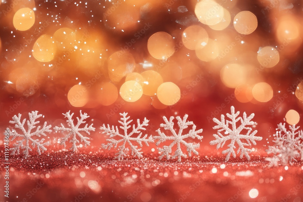 Poster sparkling snowflakes on a soft red background with glimmering bokeh lights creating a festive and ch