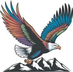 A flying eagle with vibrant with multicolored wings Vector illustration with white background for T-shirt Design , eagle in flight