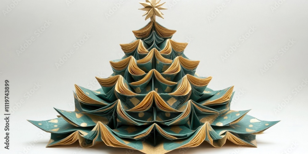 Poster delicate origami tree crafted from patterned paper showcasing intricate folds and shapes in a festiv