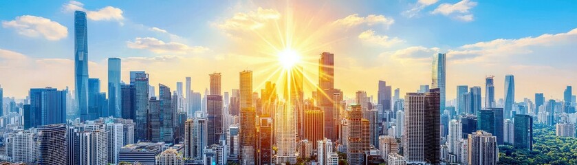 Obraz premium Stunning Urban Skyline with Vibrant Sunset and Skyscrapers Illuminated by Warm Sunlight